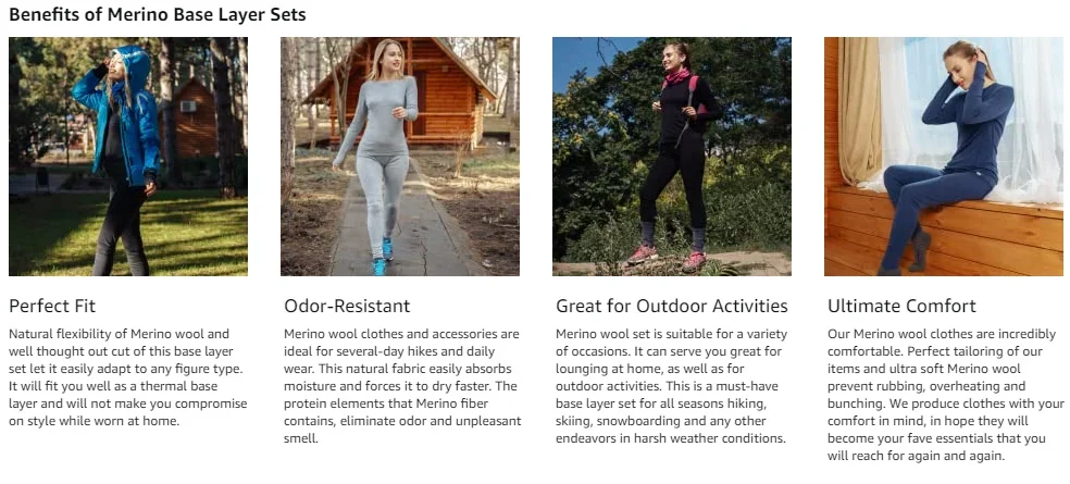 Description Picture 5 of itemMerino Wool Base Layer Set Women Merino Wool Thermal Underwear 180G Lightweight Women Merino Wool Top and Bottoms Warm Anti-Odor