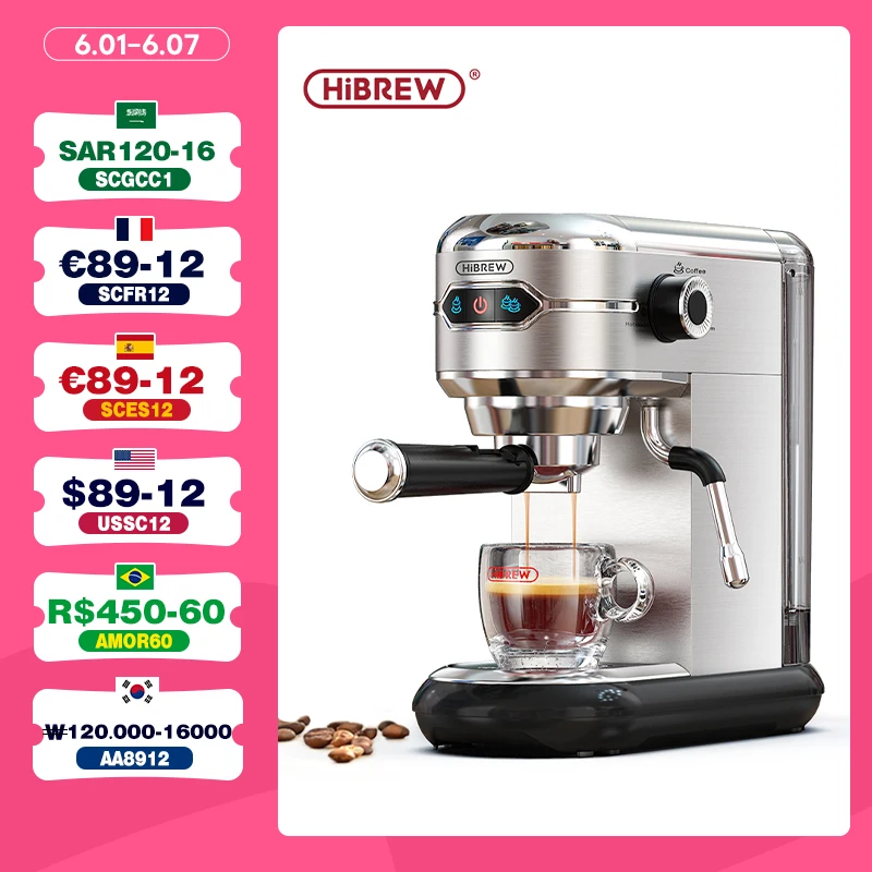 HiBREW Kaffee Maker Cafetera 19 Bar Inox Semi Automatische Super Dünne ESE POD & Pulver Espresso Cappuccino Maschine Heißer Wasser h11