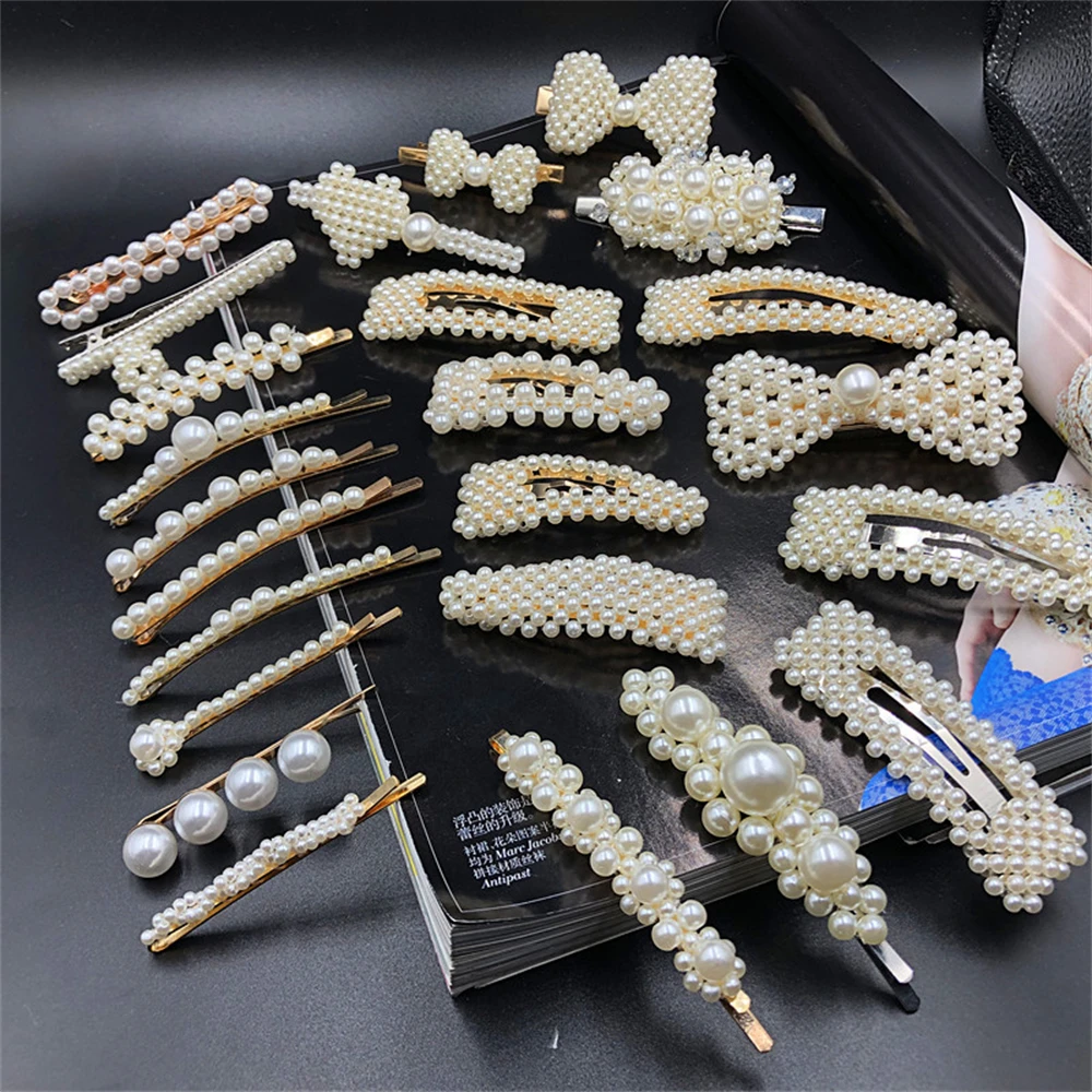 

Bowknot Crown Hair Clips Trendy Metal Pearl Hairpin Adult Women BB Snap Fashion Hair Accessories Ornament For Girls Headwear