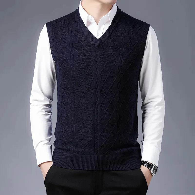 Autumn 2024 and Winter New Men's Wool Vest Business Casual Geometry V-neck Sleeveless Knit Sweater Male Brand Clothes