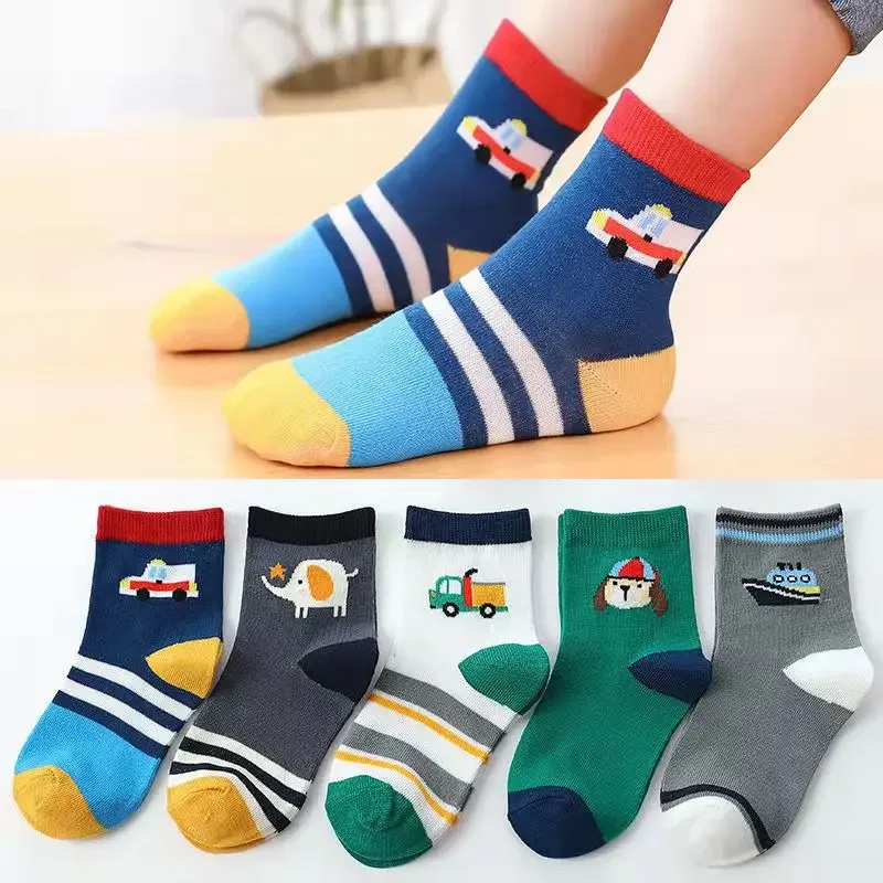 5 Pairs Children Socks Spring Autumn Soft Cotton Baby Boys Cute Cartoon Space Ship Breathable Fasion Socks Girls Crew Sock