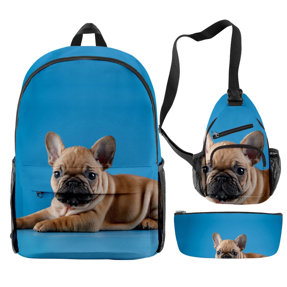 Harajuku Novelty Cool French Bulldog 3pcs/Set Backpack 3D Print Bookbag Travel Laptop Daypack Backpacks Chest Bags Pencil Case