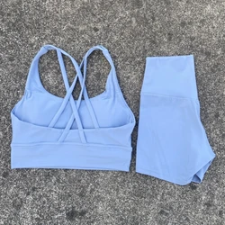 Women's 2 - Piece Yoga and Fitness Set - Cross Back Bra and High Waist Shorts - S (Gray Blue)