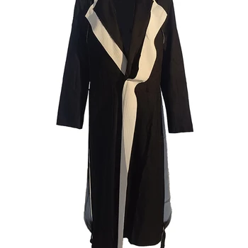 [EAM] 여성용 블랙 탑 스티치 긴 빅 사이즈 트렌치, 라펠 긴팔, 루즈 바람막이 패션, 용수철 가을 2024, 1W51909