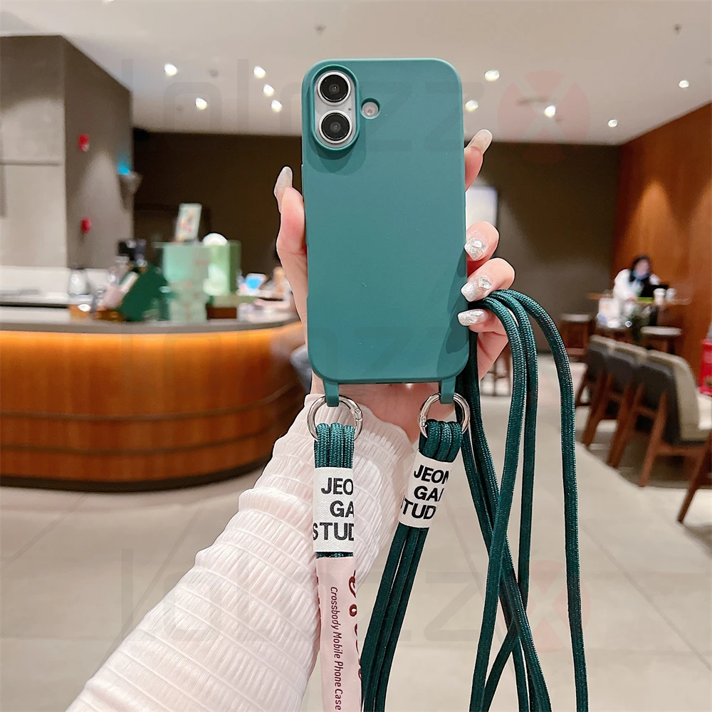 Crossbody Necklace Strap Cord Matte Soft Phone Case For iPhone 16 15 Pro Max 14 Plus 13 12 11 Liquid Silicone Shockproof Cover_voghion.com