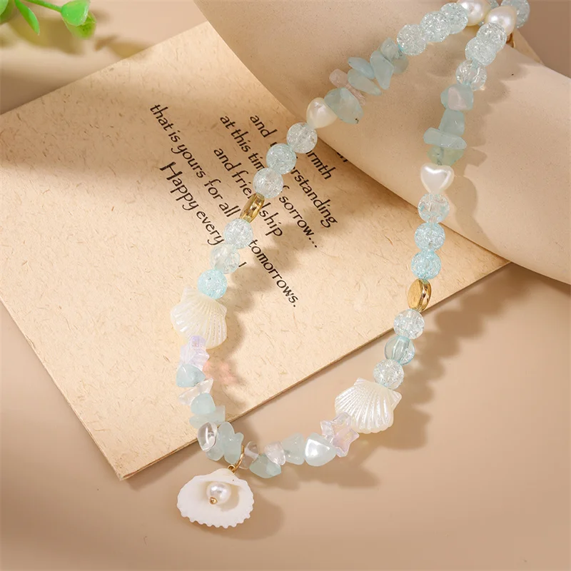 Y2K Unregelmäßige Türkis Stein Perlen Halskette für Frauen Handgemachte Böhmische Shell Schlüsselbein Kette Strand Party Charme Schmuck – Detail 3