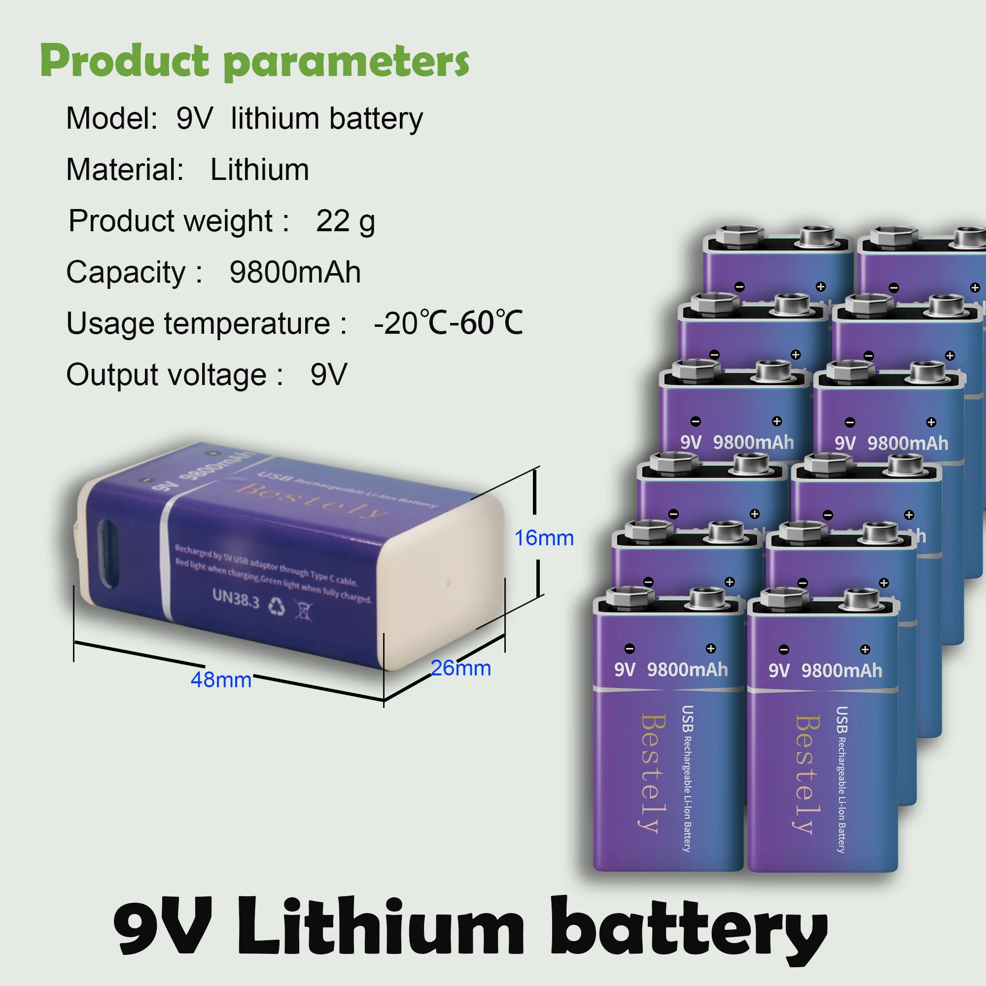 High-Capacity 9V Li-ion Rechargeable Battery with Type-C Charging Port