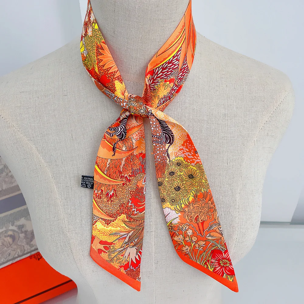 Koreanischen Stil Botanische Dschungel Pferd Druck Twill Seidenschal frauen Lange Streifen Band Haarband Krawatte Zubehör – Detail 11
