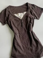 Vintage faux 2 pièces T-shirt 2000s Punk dentelle mince esthétique Harajuku Y2K femme haut court col en v été Chic rétro mode Emo T-shirt 1