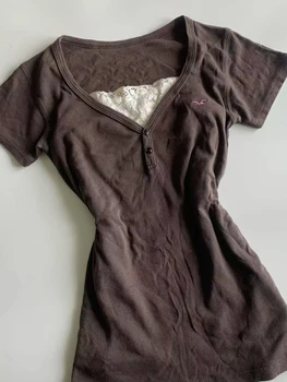 Vintage Fake 2 Piece T-shirt 2000s Punk Lace Slim Aesthetic Harajuku Y2K Woman Crop Top V-neck Summer Chic Retro Fashion Emo Tee 1