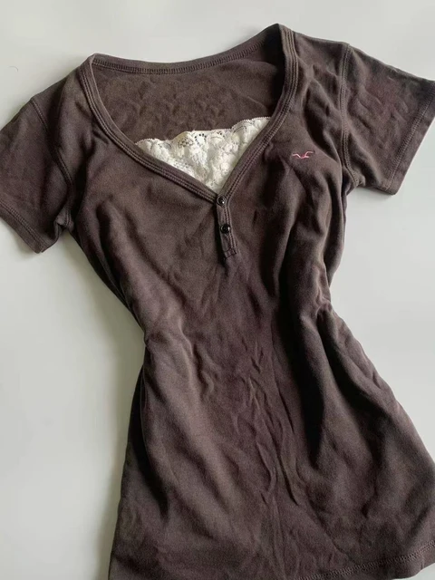 Vintage faux 2 pièces T-shirt 2000s Punk dentelle mince esthétique Harajuku Y2K femme haut court col en v été Chic rétro mode Emo T-shirt 1