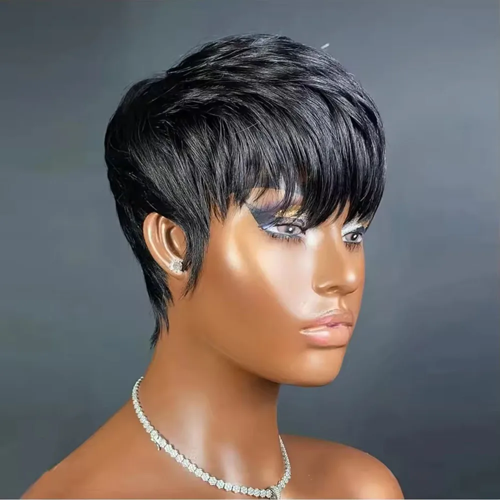 Parrucca Pixie Cut in capelli umani, parrucche bob corte in veri capelli umani, parrucche Pixie realizzate a macchina per donne, taglio corto a strati, parrucche lisce - immagine 2