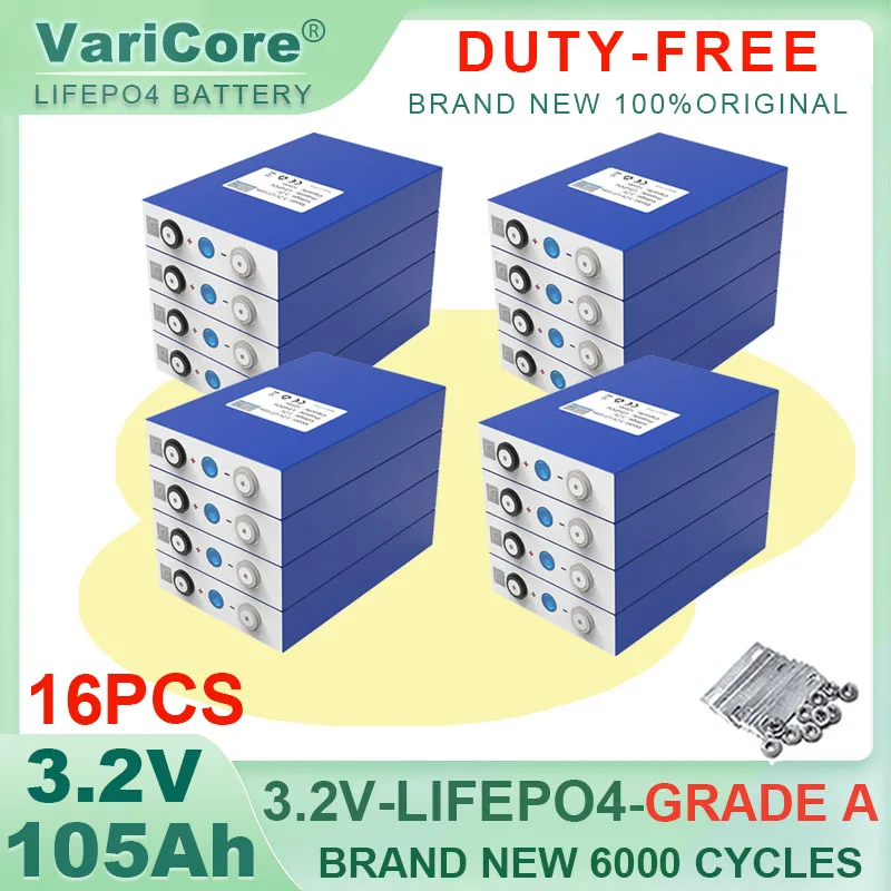 16pcs Original 3.2V 105Ah LiFePO4 battery Lithium iron phospha for 12V 24V Electric Car travel Solar Batteries TAX FREE Grade A