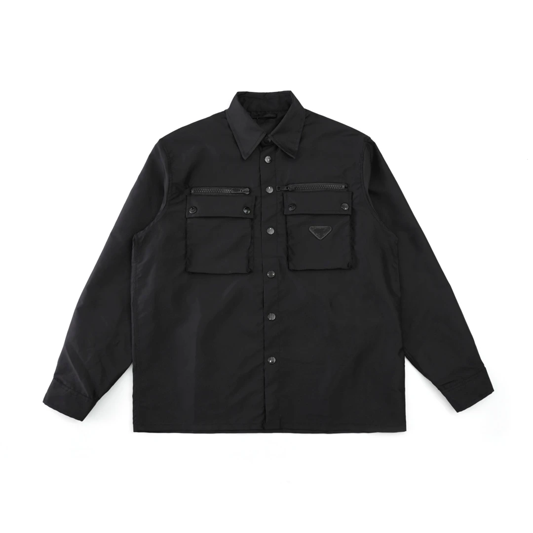 

2024 Spring New Polo Collar Long sleeved Nylon Shirt for Men's Fashion Versatile Loose Multi Pocket Black High Quality Jacket