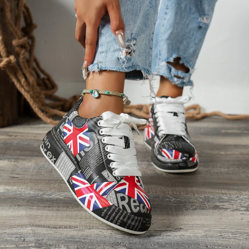 

Women's Sneakers Autumn New Fashion Print Trend Casual Thick Sole Lace-Up Sneakers Low Top Vulcanized Shoes Platform Shoes