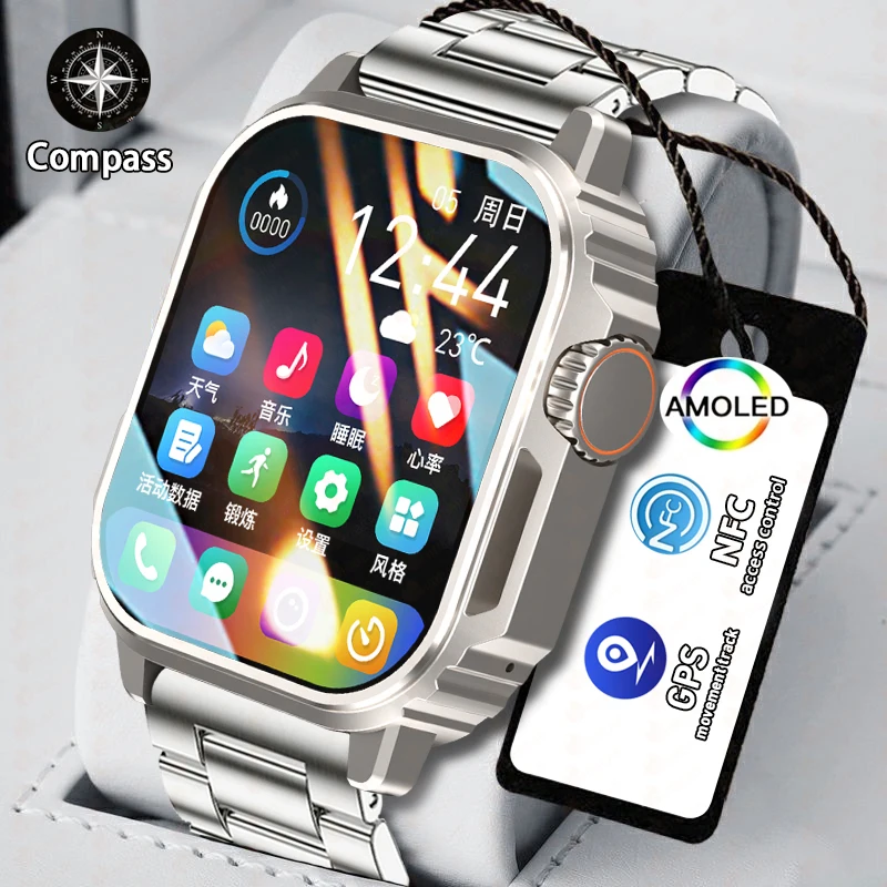 

GPS Track Compass Men Smart Watch 1.96 inch Full Touch Screen Alarm Clock Voice Assistant Music Control Men's Sports Smartwatch