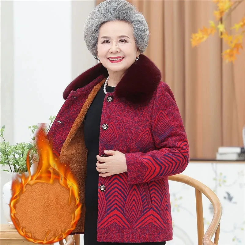 Fleece Warm Winter Coat Elderly Women's Grandmother's Dress Autumn Woolen Coat Fur Collar Mid-Length Coat Mother Jacket Suit