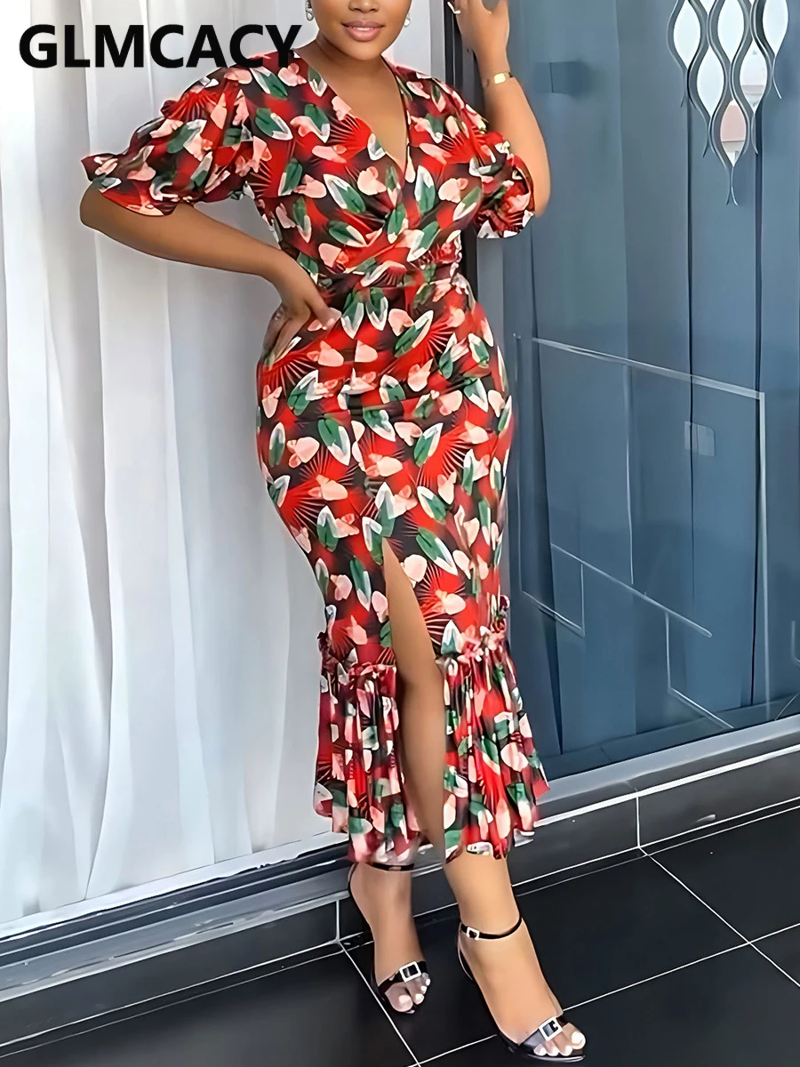 

Summer Floral Dress - V-Neck High Waist Slit Maxi Dress for Women