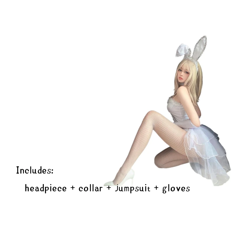 Sexy Rabbit Costume Cosplay White Bunny Girl Suspender Bodysuit Women Jumpsuit Set Halloween Stage Show Carnival Club Clothes