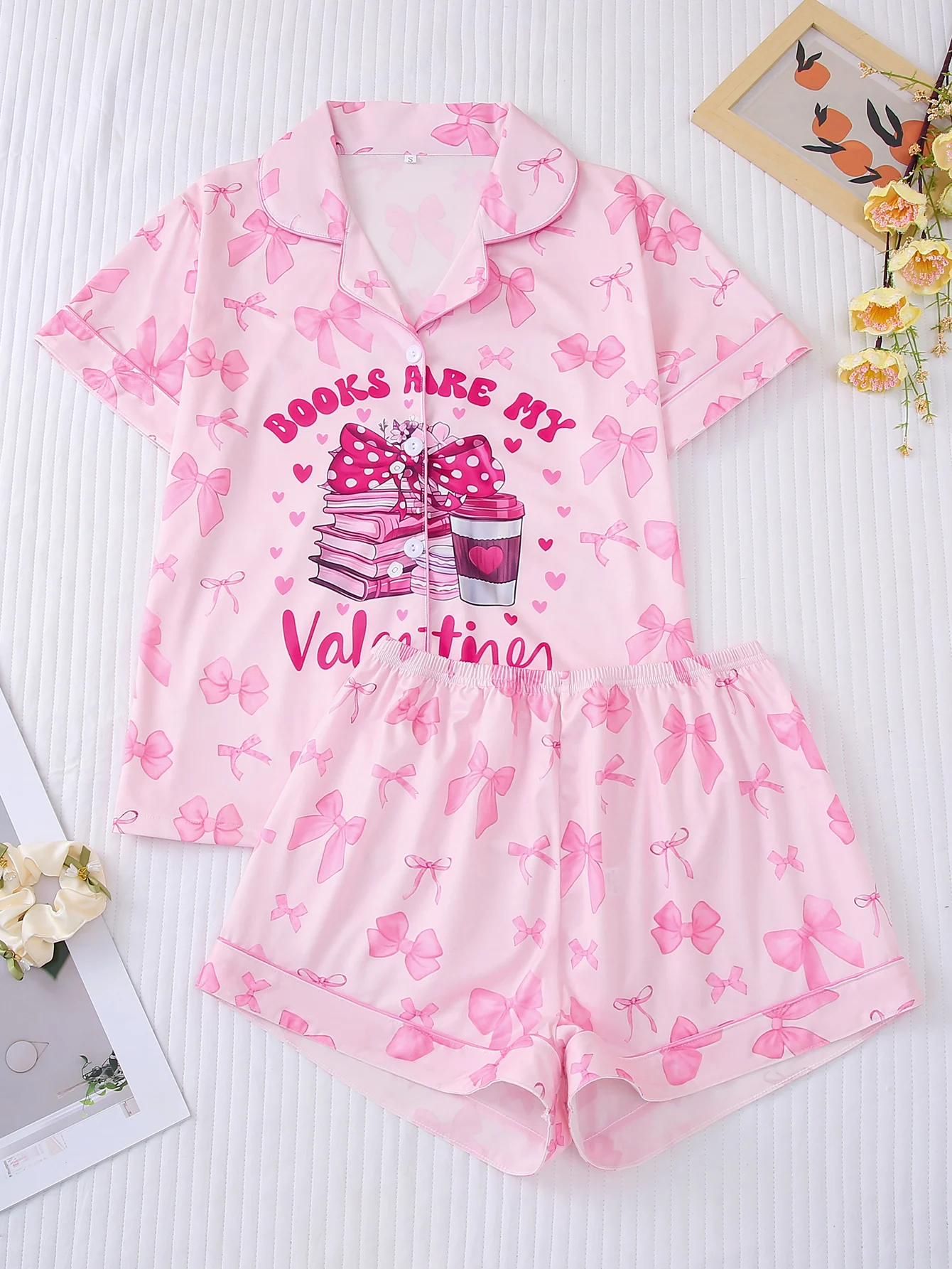 Pigiama divertente da donna in pezzi con fiocco rosa, camicia a