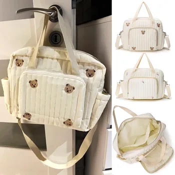 Borsa per pannolini per bambini Borsa per mamma con motivo ricamato a fiori di orso carino Borsa per pannolini con cerniera in tessuto di cotone beige per bambini Nuova borsa per bagagli 1