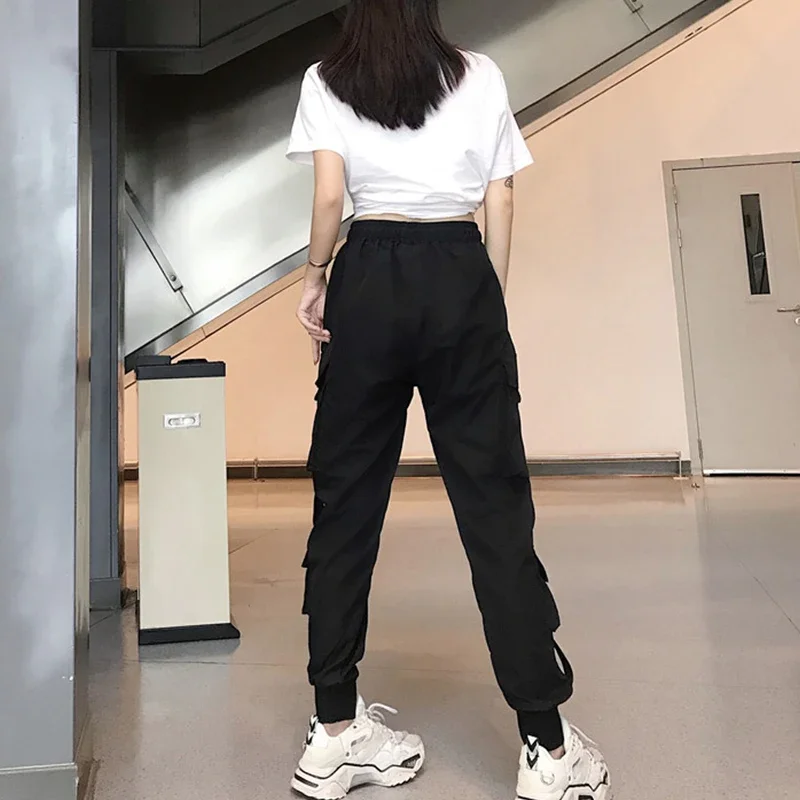 2024 Harajuku Loose Women Black Pants Hip Hop High Waist Elastic Baggy Trousers Big Pocket Woman Cargo Pants