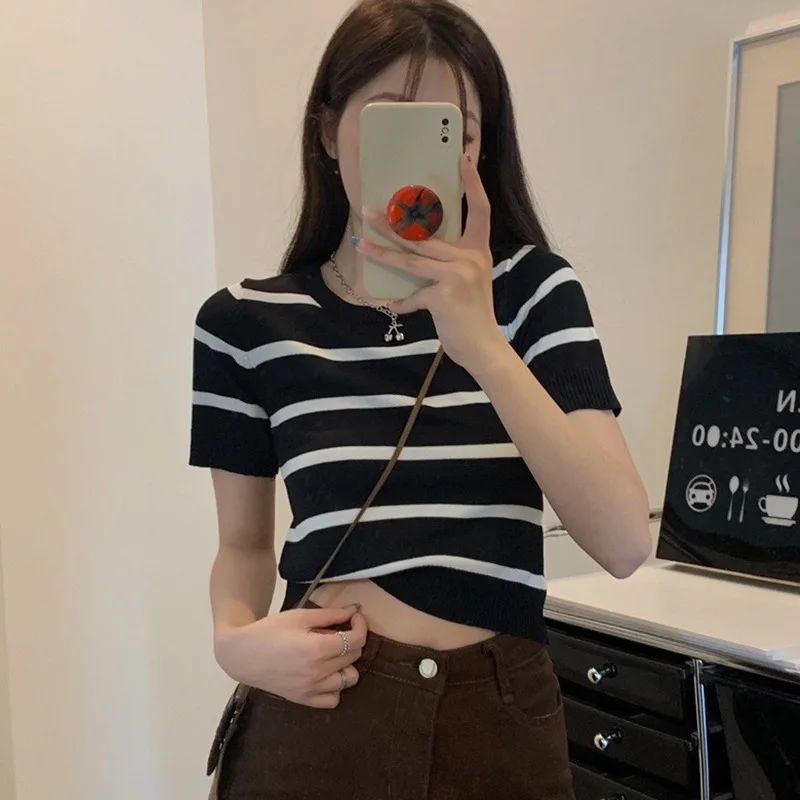 Zomer Casual Mode Gestreepte Bedrukking T-shirt Dames Korte Mouw Pullover Tops Dames Losse O-hals Tee Vrouwelijke Kleding311_voghion.com