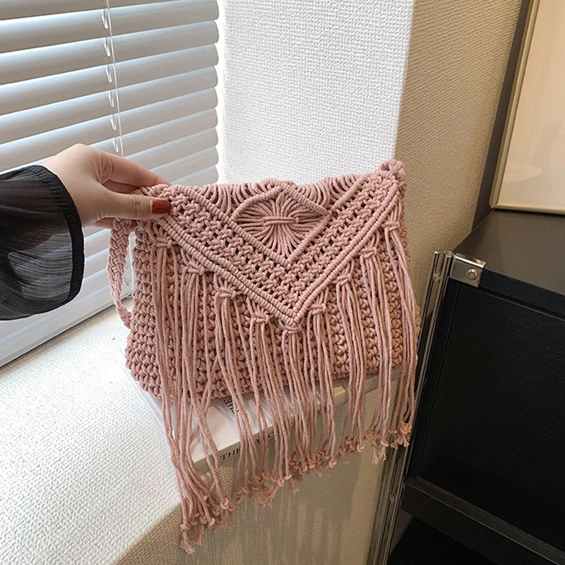 Handmade Cotton Woven Knitted Tassel Crossbody Bag Vintage Shoulder Messenger Bag Female Fashion Beach Summer Handbags for Women
