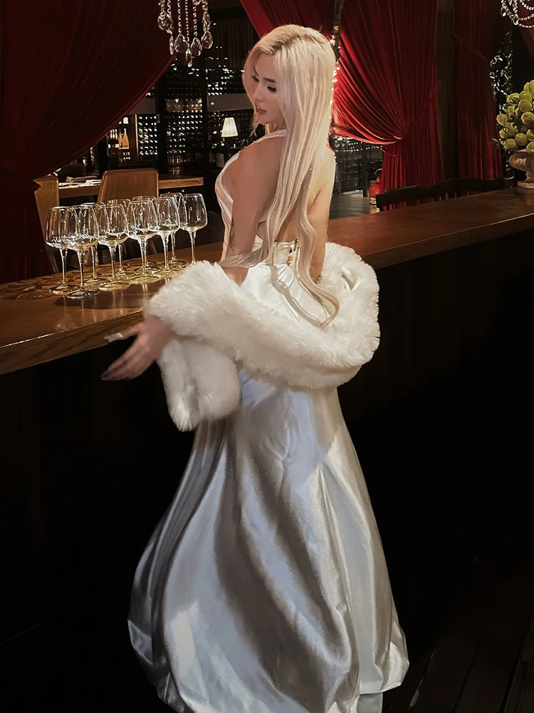 Nibber Banquet Halter Satin Dress Women Elegant Sexy Ruched Backless Low Neck Party Gown Clubwear Stretch Trend Long Bodycon