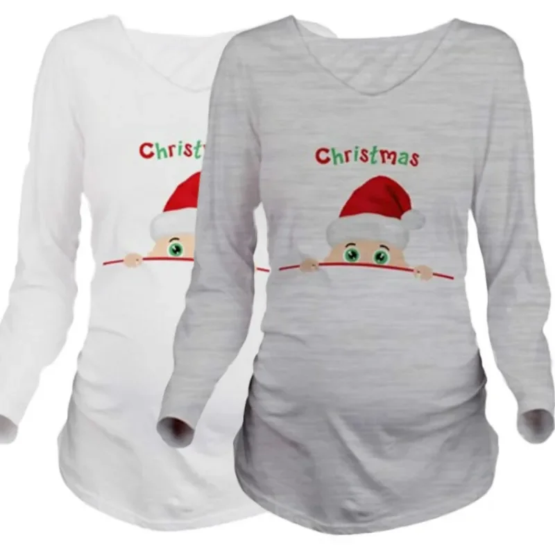 Pregnant Woman Christmas Long Sleeve Santa Baby Print T Shirt Christmas Side Ruched Maternity Top Pregnancy Clothes Pregnant Tee 6