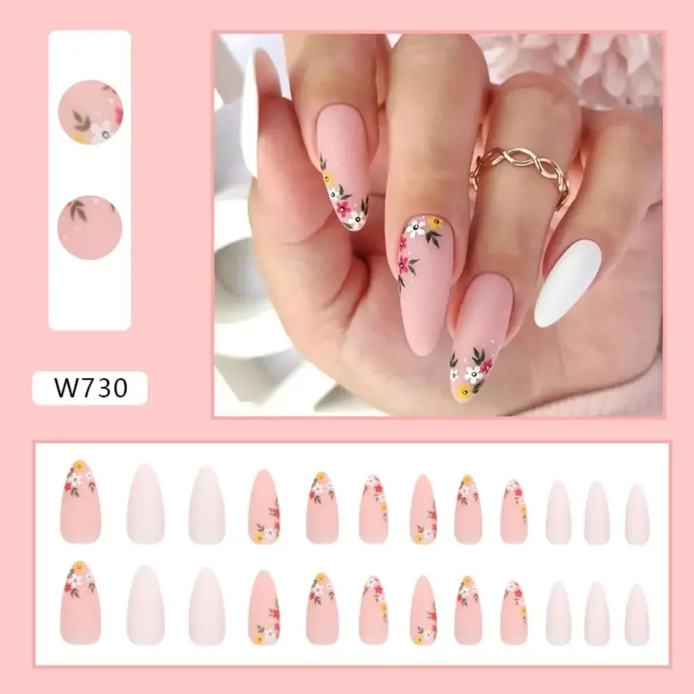 Manicure Long Almond False Nails Flowers French Fake Nials Purple Love Heart Detachable Press on Nails Women