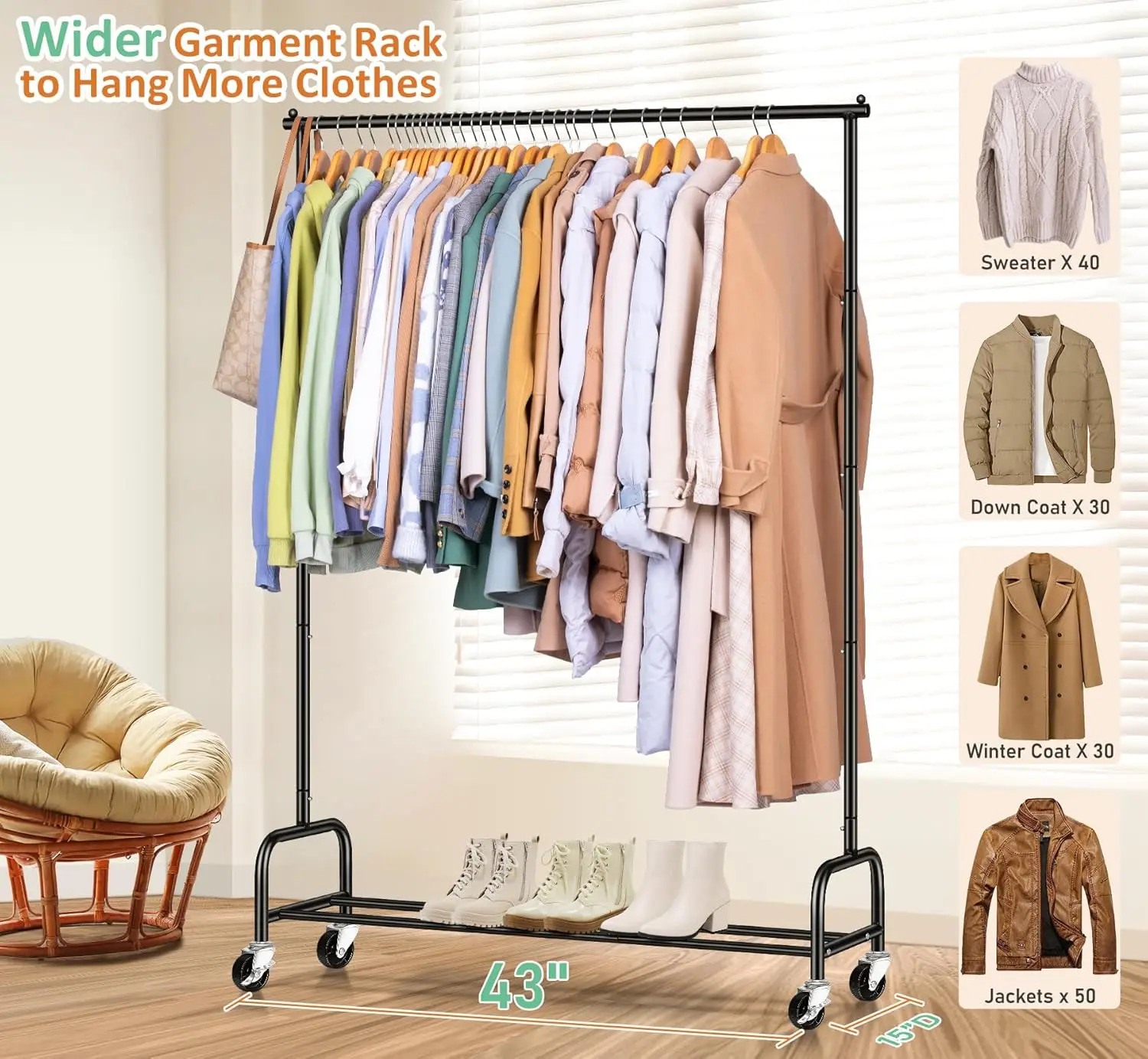Heavy duty hanger, used for hanging hangers, 43 inch wide roll hanger, metal hanger with wheels used for storing various clothes 2