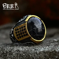 BEIER Stainless Steel Vintage Man Boy Oval part gold color Black stone Ring Fashion Jewelry Mens Accessories BR8-987