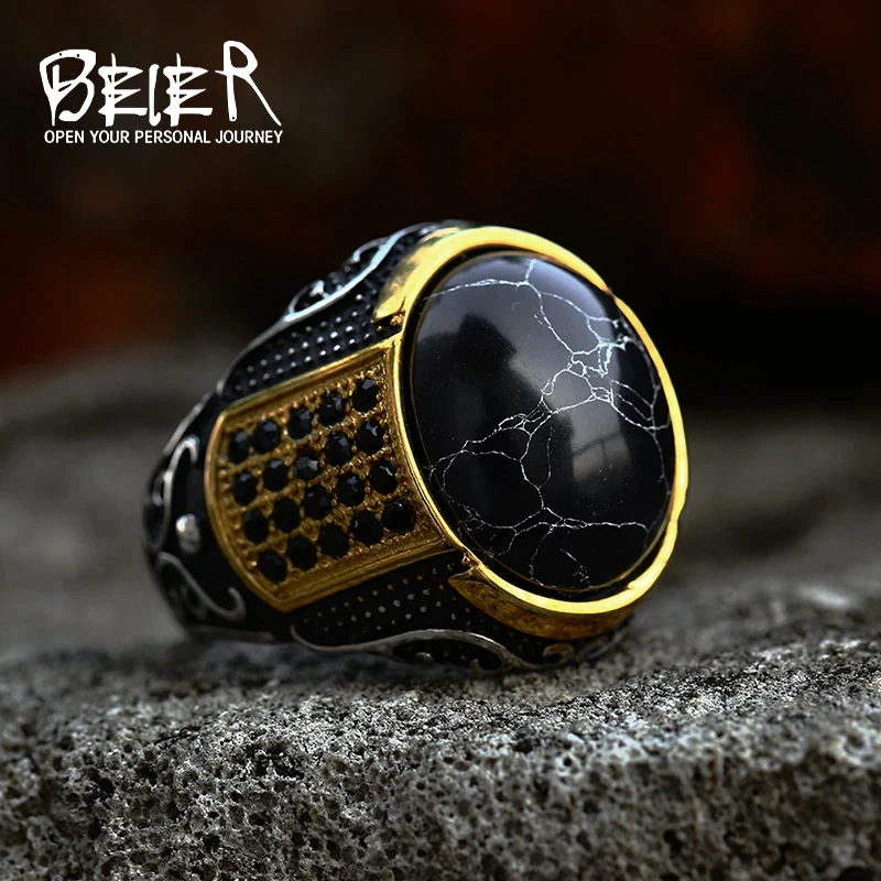 Stainless Steel Gold Ring Man Black Stone Gold Ring Black Stone Mens
