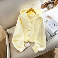 Autumn Winter Basic Loose Casual Thick Warm Wool Sweaters Tops Women's Clothing Solid Hooded Fashion Button Knitted Cardigan