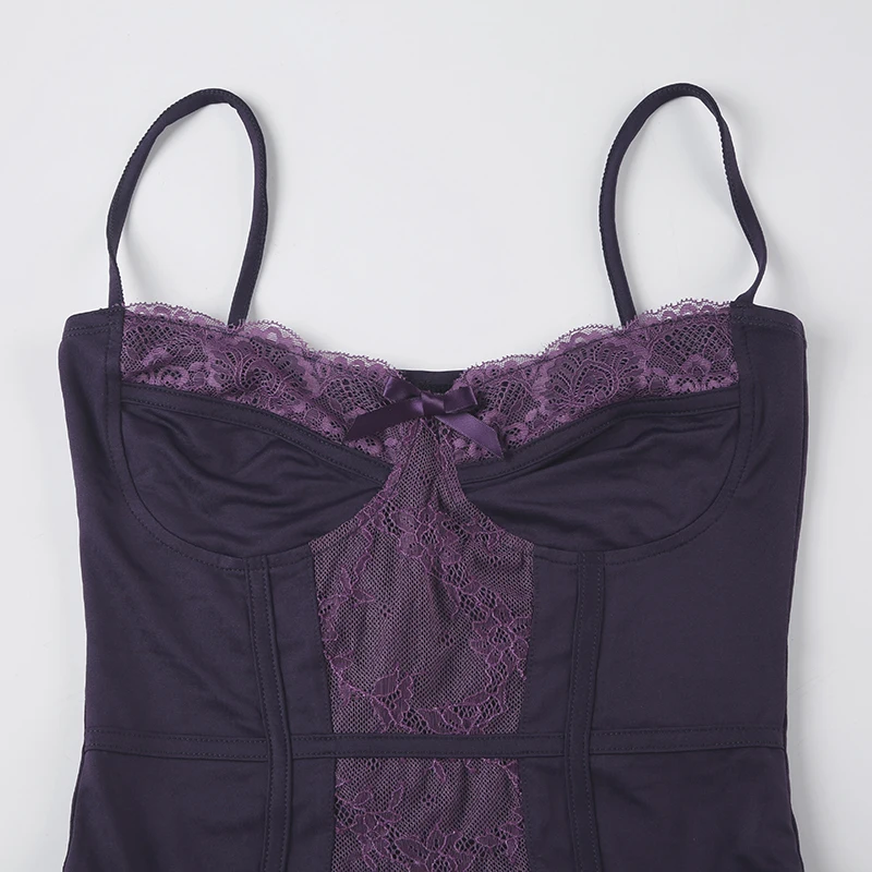 Lace Trim Bow Halter Rompers Women Sexy Hotsweet Fashion Patchwork Purple Bodysuit s Trendy New