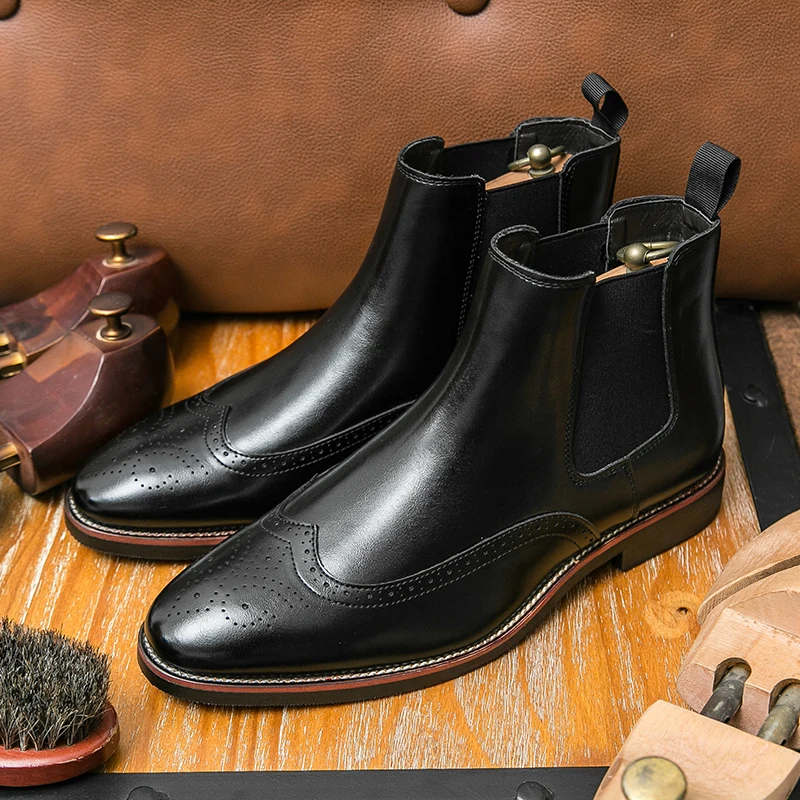 

British Style Black Brogue Shoes Man Business Dress Men's Boots Casual Slip on Oxfords Luxury Leather Ankle Boots Men Size 46
