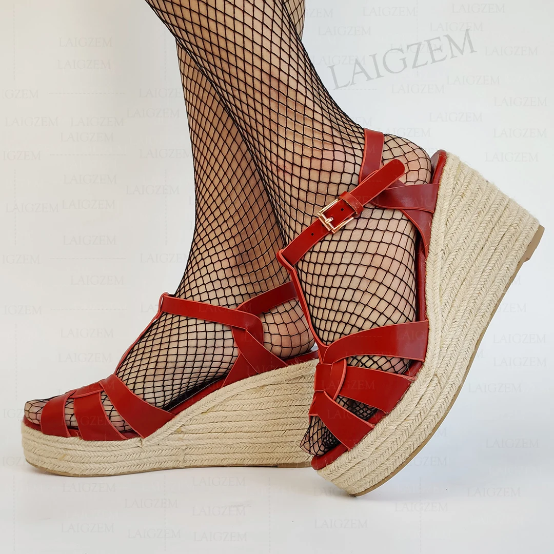 

LAIGZEM Women Sandals Platform Wedges Espadrille 10CM Heels Pumps Rattan Grass Height Increase Shoes Woman Big Size 38 40 47 48