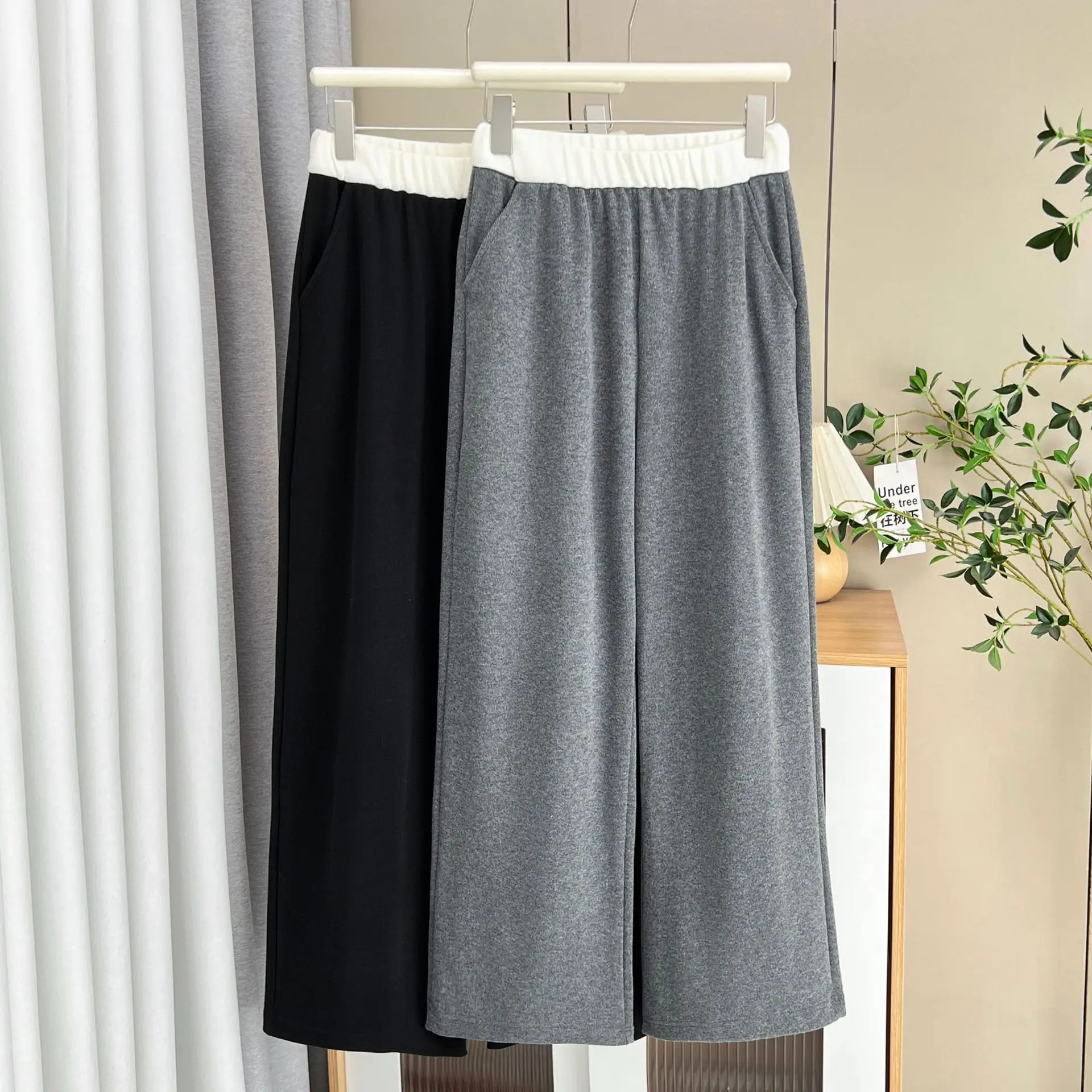 Plus Size Women's Straight Leg Pants Autumn Casual Color Blocking Hight Waisted wide-leg Trousers 387