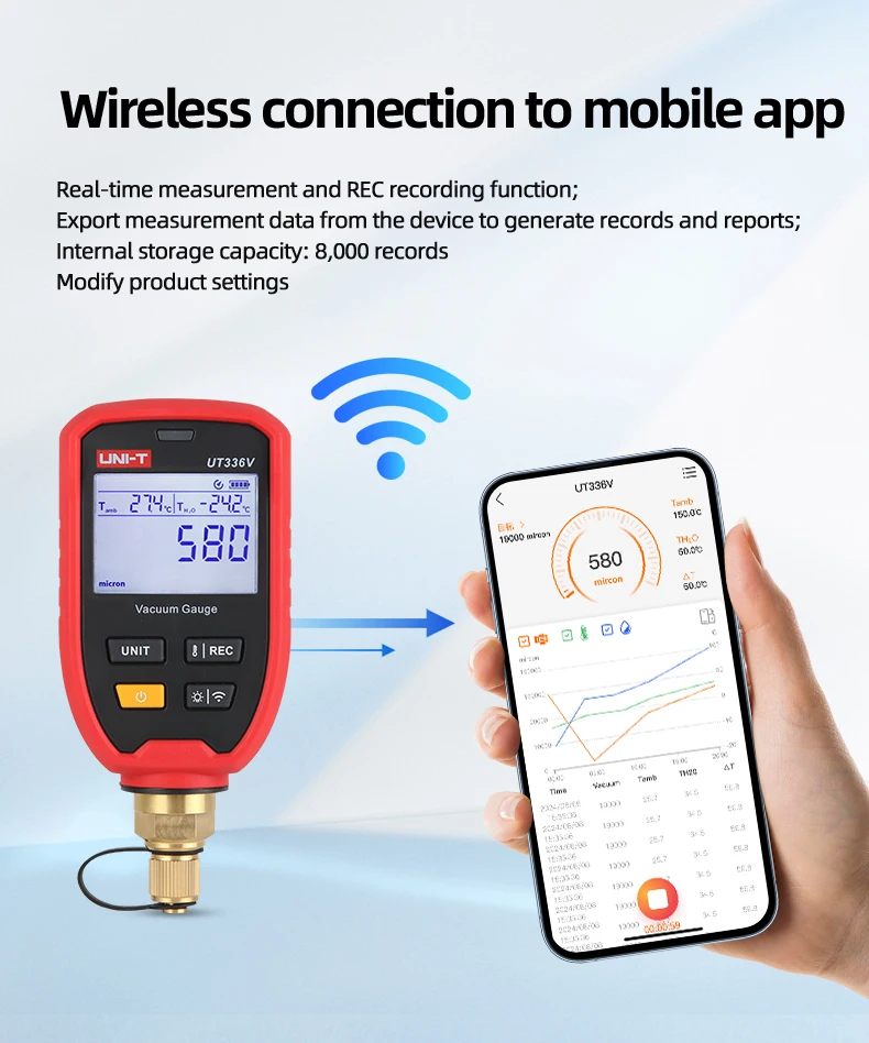 ?   전문가용 UT336V 무선 진공 게이지, LED 알람, IP54 방수, 8000 데이터 저장, HVAC 냉동용, 앱 알람