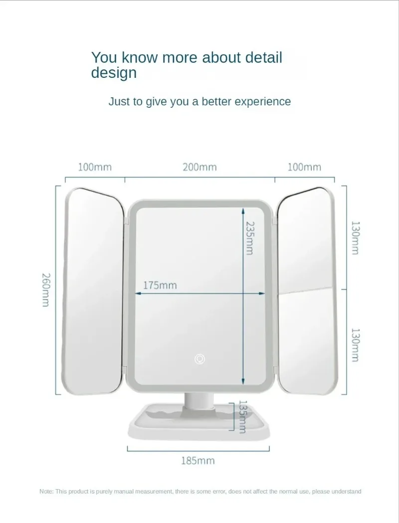 USB Rechargeable Folding Portable LED Makeup Mirror Touch Screen Dimming Handheld With 3X Magnifying Travel Cosmetic Mirrors