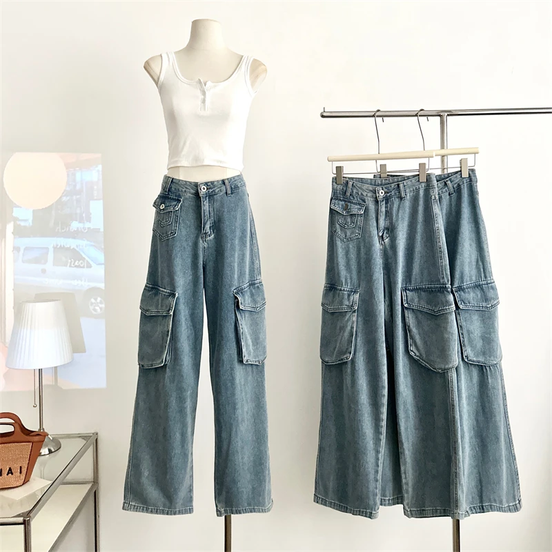 

Women's Large Pocket Design Blue Jeans Street Unisex Style Casual Denim Pants Female High Waist Straight Wide Leg Trousers