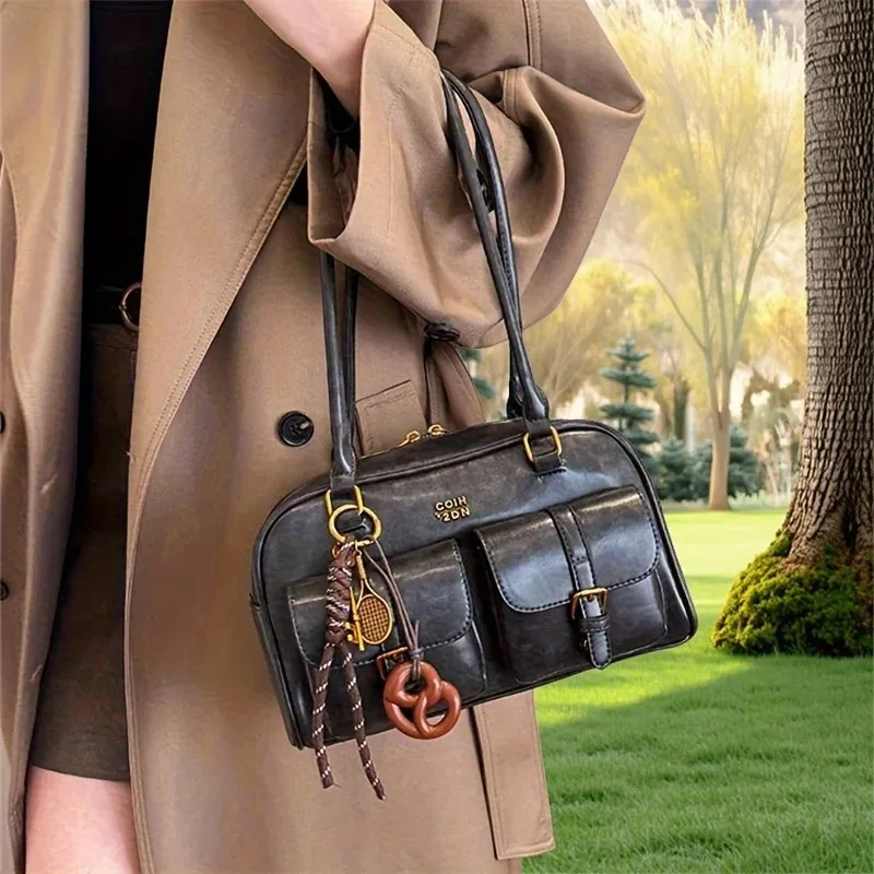 Women Multi Pocket Shoulder Tote Bag with Golden-Tone Hardware & Letter, Stylish Handbag Purse for Travel, Work, Shopping, Dates