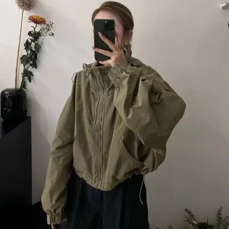 Deeptown Korean Style Windbreaker Crop Jacket Women Kpop Hooded Zip-up Vintage Streetwear Short Jackets Chic 2023 Autumn Outwear