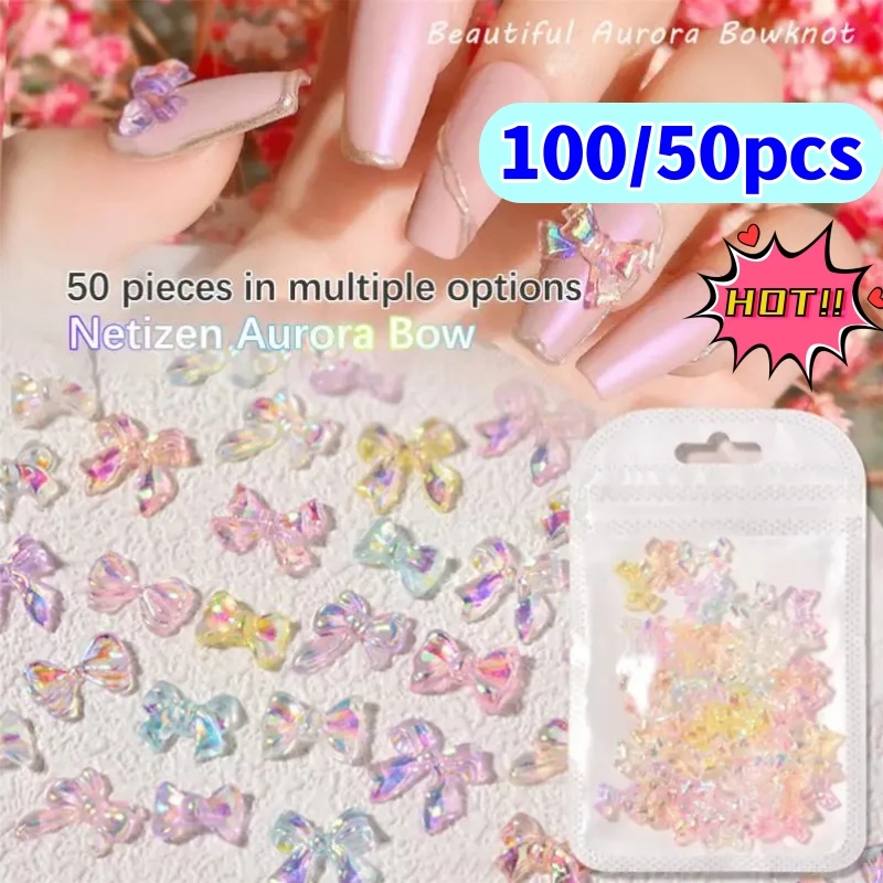 

100/50 шт. желейные ленты, банты для ногтей, искусственные 3D Красочные прозрачные конфетные цвета, летние детали для декора ногтей, Корея