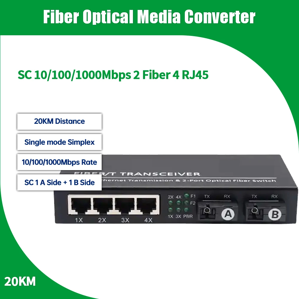 1 Pcs 기가비트 이더넷 스위치 광섬유 미디어 변환기 2 광섬유 포트 1A1B SC 20KM RJ45*4 10/100/1000MBPS..