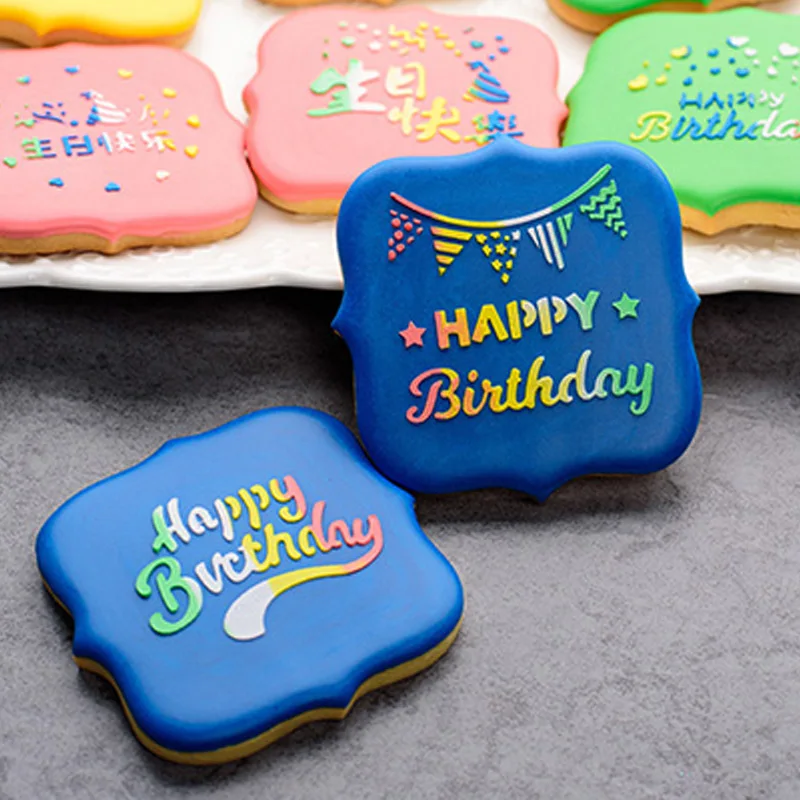 Fondant Icing Cookie Stencil Fixing Frames Happy Birthday Sugar Cookies Baking Magnetic Biscuit Stencil Holder