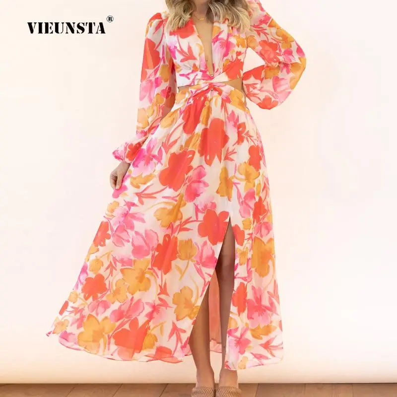 

Elegant Hollow Out Flower Pattern Long Party Dress Ladies Sexy Deep-V Beach Dress New 2023 Fashion Women Floral Print Maxi Dress