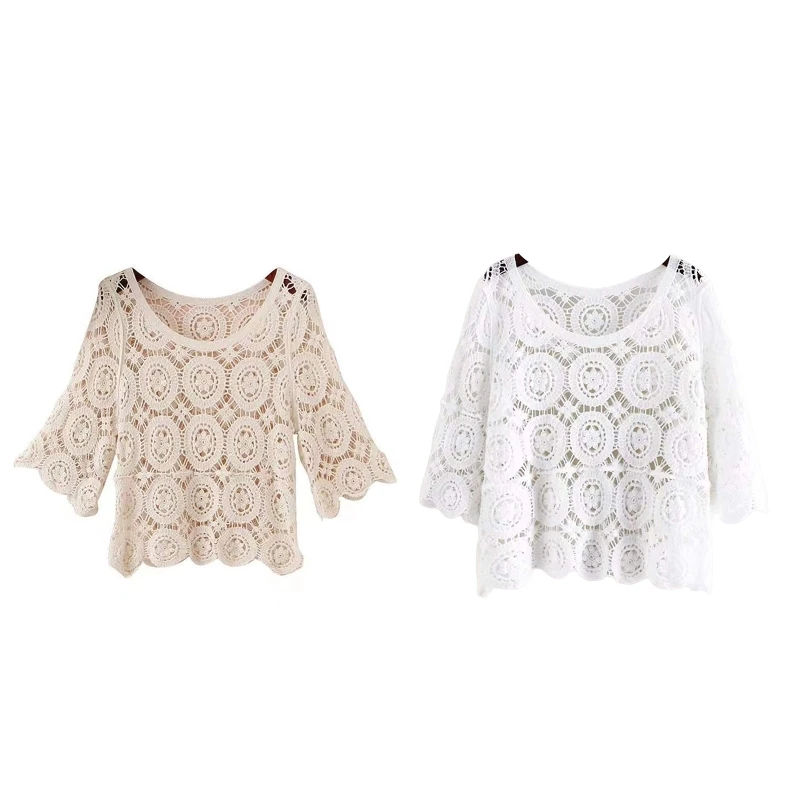 

Women Summer 3/4 Sleeve Crochet T-Shirt Boho Hippie Hollow Out Knit Floral Pattern Pullover Top Beach Casual Loose Up Dropship