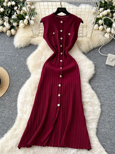 SINGREINY Senior Office Lady Dress O Neck Sleeveless Single Breasted Chic Elastic Waist Slim Sundress High Quality Knitted Dress 1